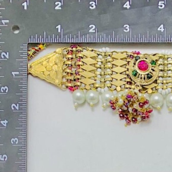 Golden Tone Metal Choker Necklace, Statement Collar Choker With Multicolor Beads - Picture 7 of 11